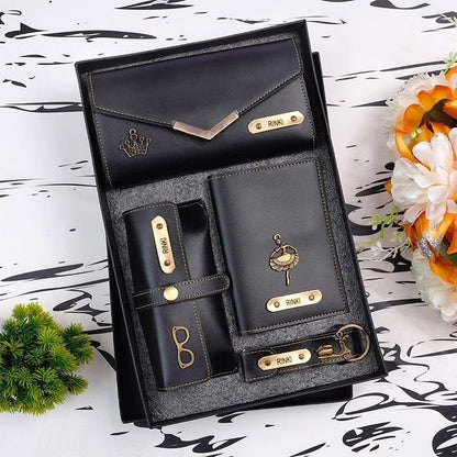 Women's Gift Combo Set – Custom Name & Charm Clutch Wallet, Passport Cover, Eyewear Case, and Keychain