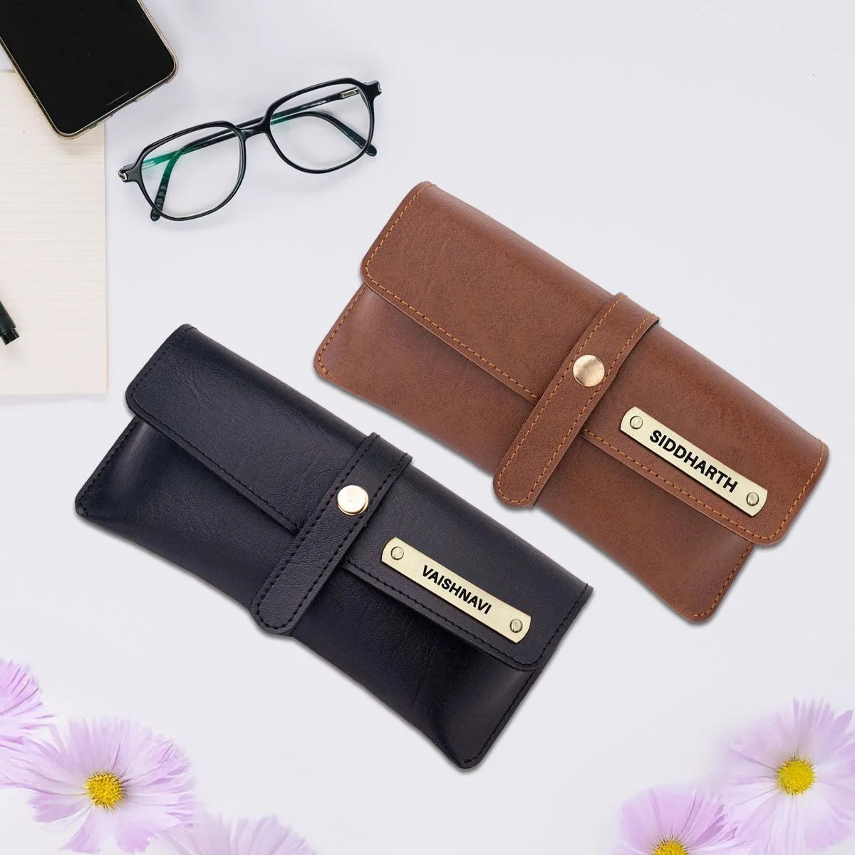 Personalized Name & Charm Leather Sunglass Case Cover for Men & Women
