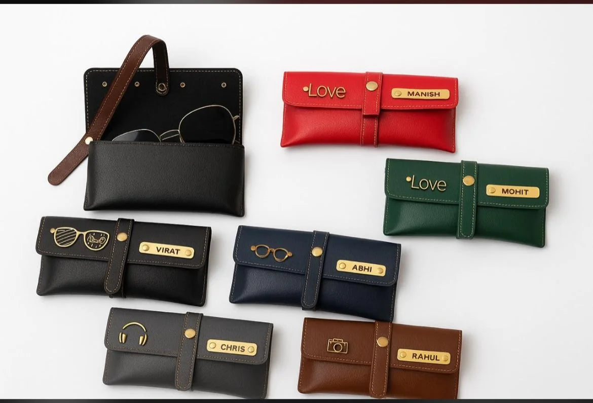 Personalized Name & Charm Leather Sunglass Case Cover for Men & Women