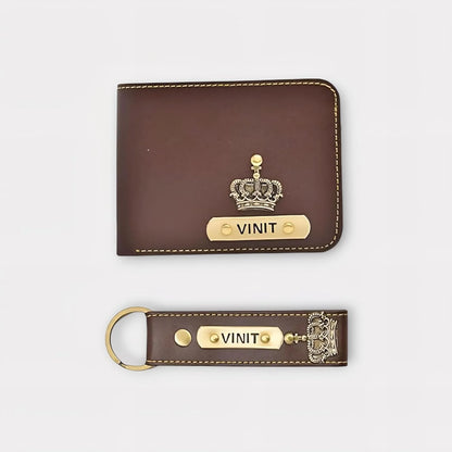 Men Gift Combo of 4 – Customized Wallet, Key Ring, Passport Cover & Goggle Cover with Name and Charm.