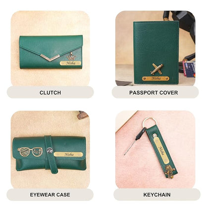 Women's Gift Combo Set – Custom Name & Charm Clutch Wallet, Passport Cover, Eyewear Case, and Keychain