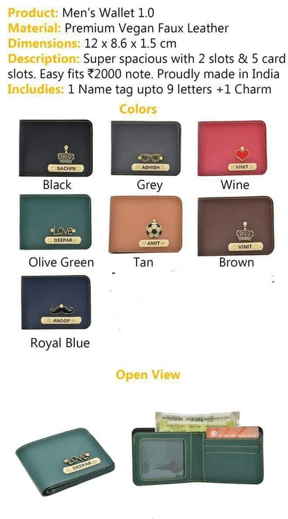 Men’s Leather Wallet Customized With Name and Your Chosen Charm