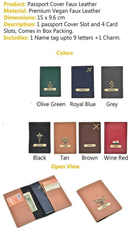 Personalized Name & Charm Leather Passport Cover Holder for Men & Women