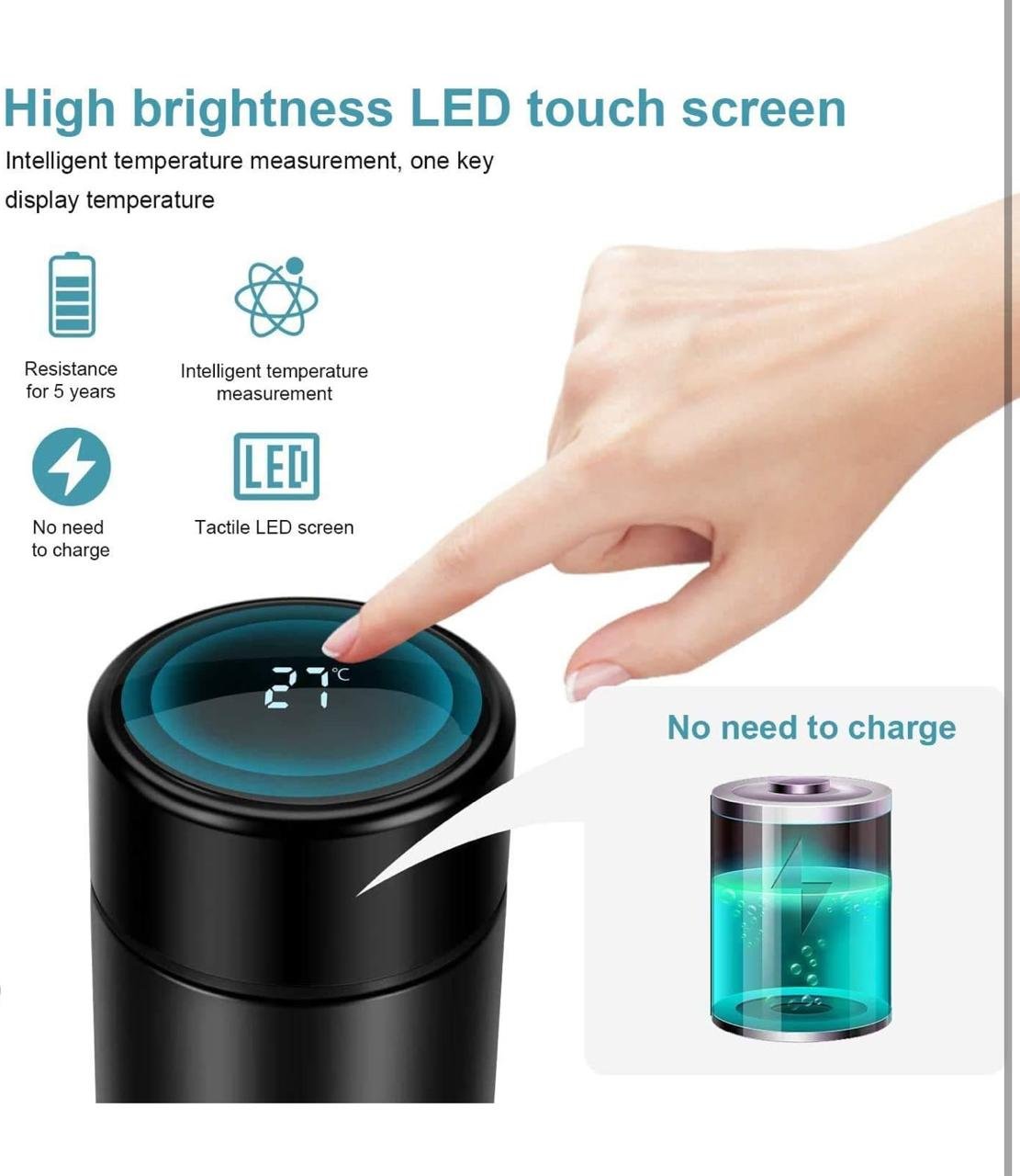 Customized Stainless Steel Bottle with LED Temperature Display, Double Wall Vacuum Flask, 500 ML Black