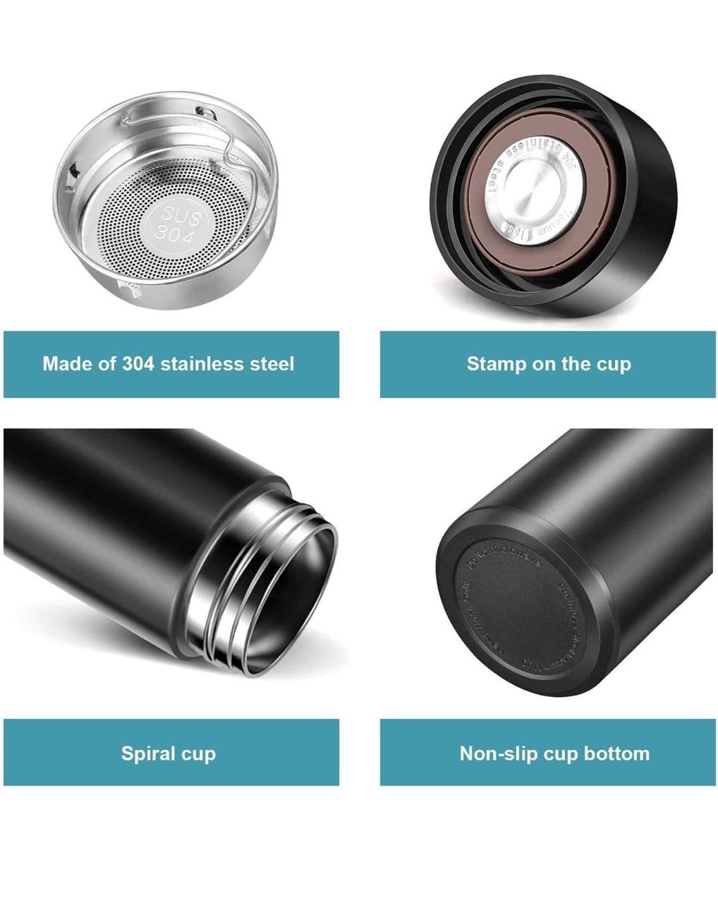 Customized Stainless Steel Bottle with LED Temperature Display, Double Wall Vacuum Flask, 500 ML Black