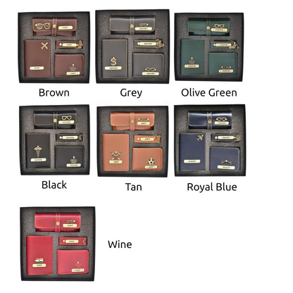 Men Gift Combo of 4 – Customized Wallet, Key Ring, Passport Cover & Goggle Cover with Name and Charm.