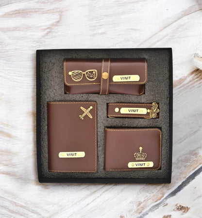 Men Gift Combo of 4 – Customized Wallet, Key Ring, Passport Cover & Goggle Cover with Name and Charm.