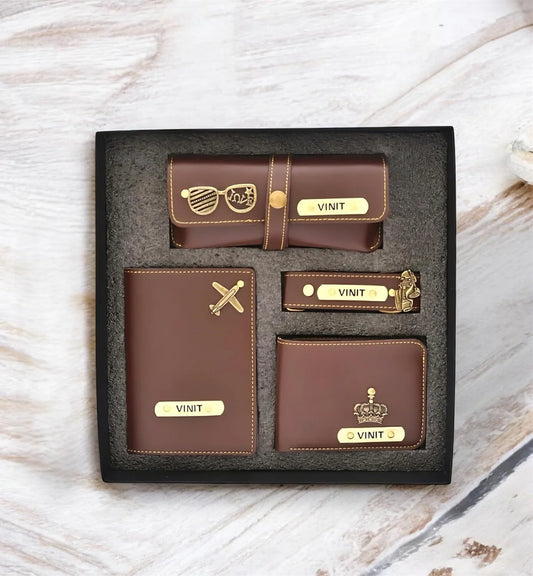 Men Gift Combo of 4 – Customized Wallet, Key Ring, Passport Cover & Goggle Cover with Name and Charm.